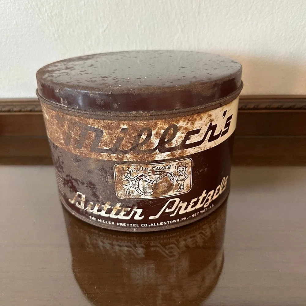 Vintage Millers DeLuxe Butter Pretzels Tin Allentown PA Advertising Brown White
